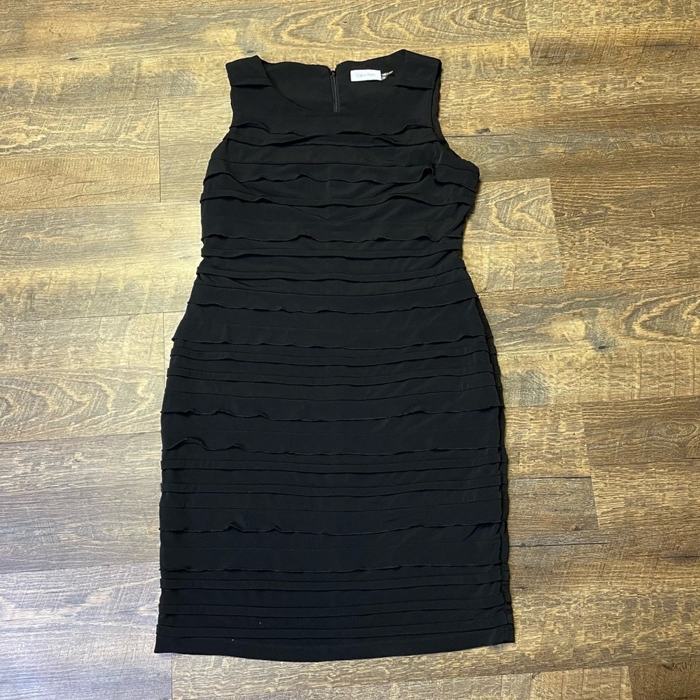 Calvin Klein Black Tier Ruffled Knee-Length Sheath Dress Womens 12P Sleeveless - Picture 2 of 11